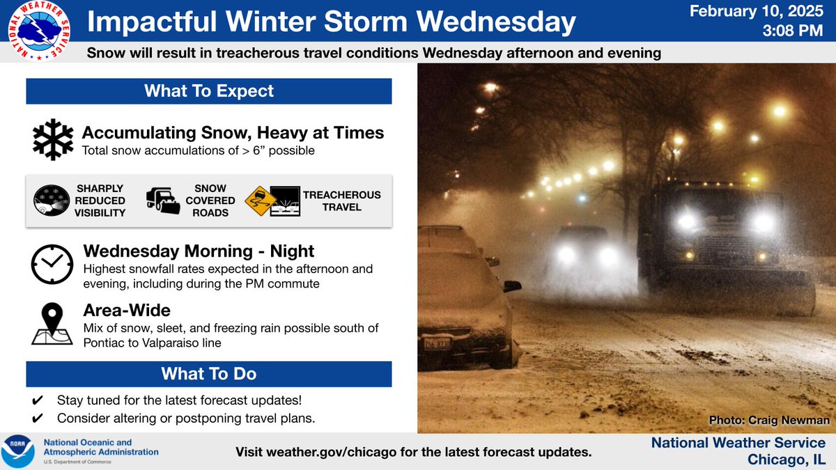 NWSChicago's tweet photo. An impactful winter storm is expected on Wednesday. Prepare for hazardous travel conditions, especially during the afternoon and evening commute when we expect the highest snowfall rates (potentially exceeding 1 inch per hour at times). Stay tuned for updates! #ILwx #INwx https://t.co/glTJc2ITIO