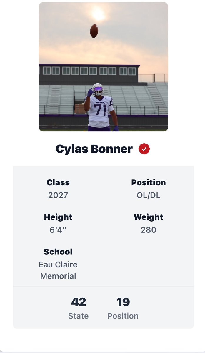 Thank you <a href="/PrepRedzoneWI/">Prep Redzone Wisconsin</a> for ranking me #42 in the state for the Class of 27, and as well #19 for position. Excited to get back to work there’s a lot more to be done. <a href="/ecmfootball/">Eau Claire Memorial Football</a> <a href="/MJ_NFLDraft/">Mark Johnson</a> <a href="/One11Recruiting/">One11 Recruiting</a> <a href="/travisWSN/">Travis Wilson</a>