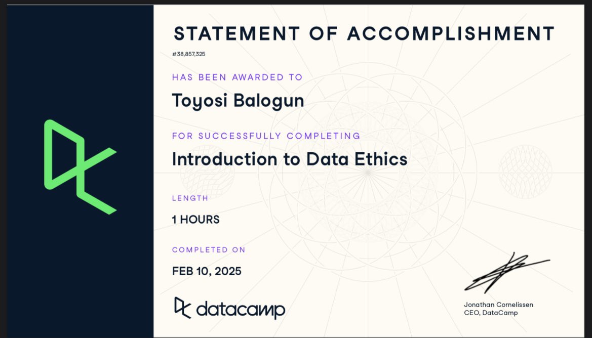 _iam_toyo's tweet photo. I’ve just completed the Introduction to Data ethics Course on DataCamp! 
Day 2
#30DaysOfDataChallenge #DCDonates  #DCA #DataFestAfrica https://t.co/VxvQXRLRY1