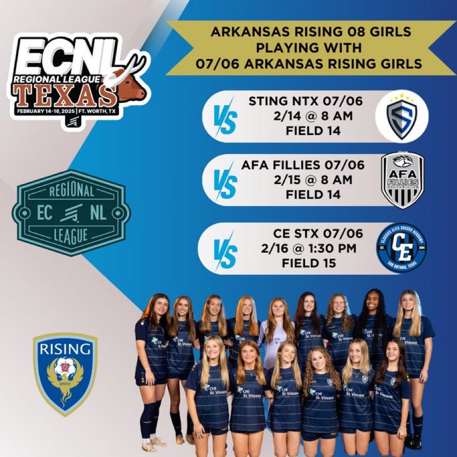 AR_Rising08G's tweet photo. We’re headed to Fort Worth this weekend! Come check us out! We’ll be playing with the 07/06 girls. Looking forward to a great showcase! @ECNLgirls @arkansasrising @AR_Rising07G @ImYouthSoccer #LeadersPlayHere #ECNLRLTX https://t.co/YUMECTOKHl