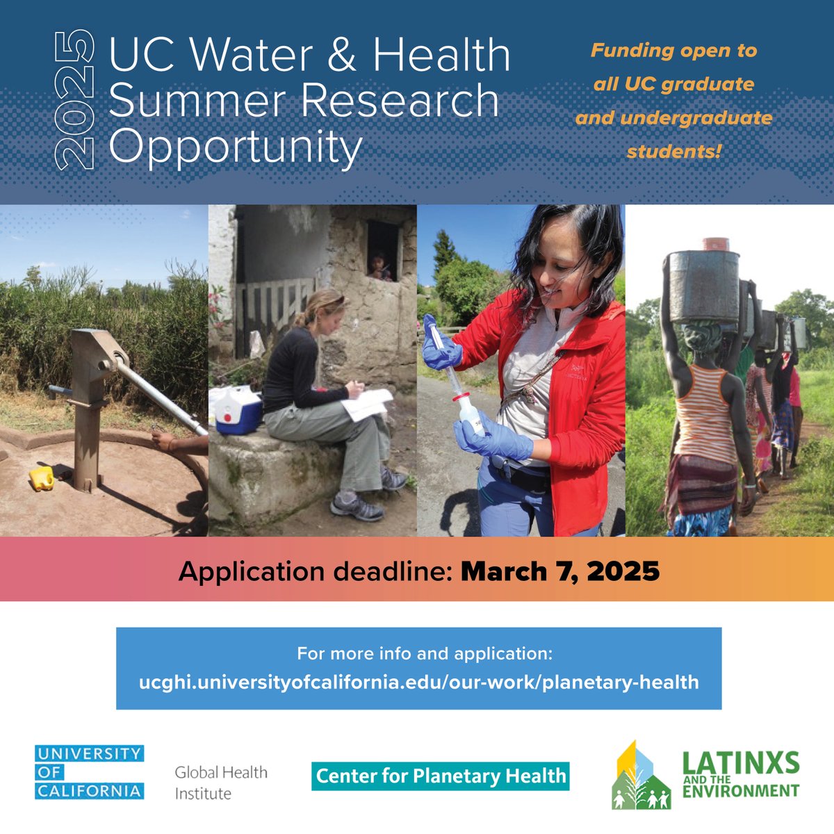 One Health Institute (OHI) (@onehealthucd) on Twitter photo Another funding opportunity for <a href="/UofCalifornia/">University of California</a> grad and undergrad students! Starting in June 2025, the Water and Health Summer Research Fellowships are designed to provide students with funding to conduct research on water and health.
Apply by March 7: ucghi.universityofcalifornia.edu/our-work/plane… Another funding opportunity for <a href="/UofCalifornia/">University of California</a> grad and undergrad students! Starting in June 2025, the Water and Health Summer Research Fellowships are designed to provide students with funding to conduct research on water and health.
Apply by March 7: ucghi.universityofcalifornia.edu/our-work/plane…