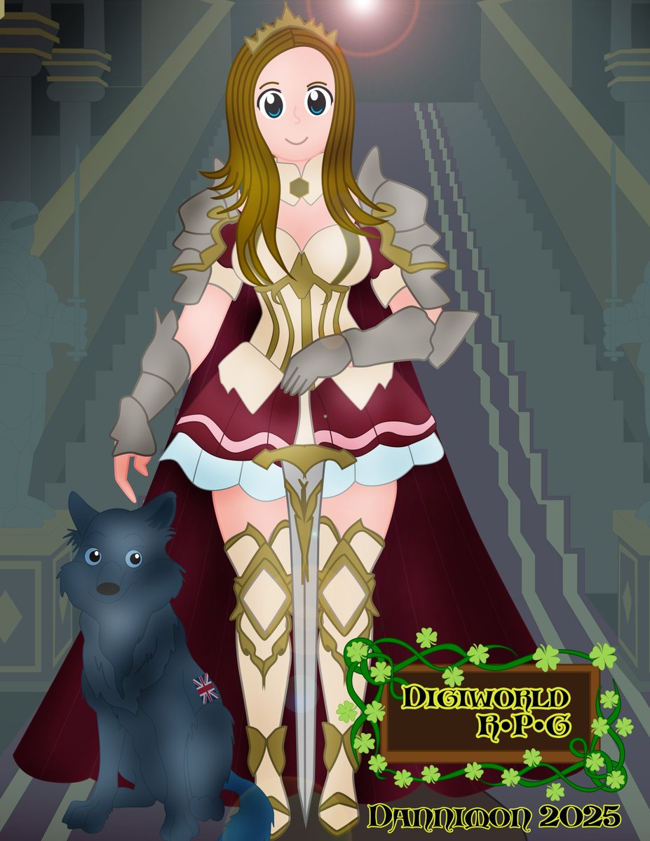 I gave Emma Thomas a knight design that is symbolic of her homeland, the United Kingdom and a matching sword! 
#digimonworld #dannimondesigns #artmoots #AnimeArt #originalcharacterart