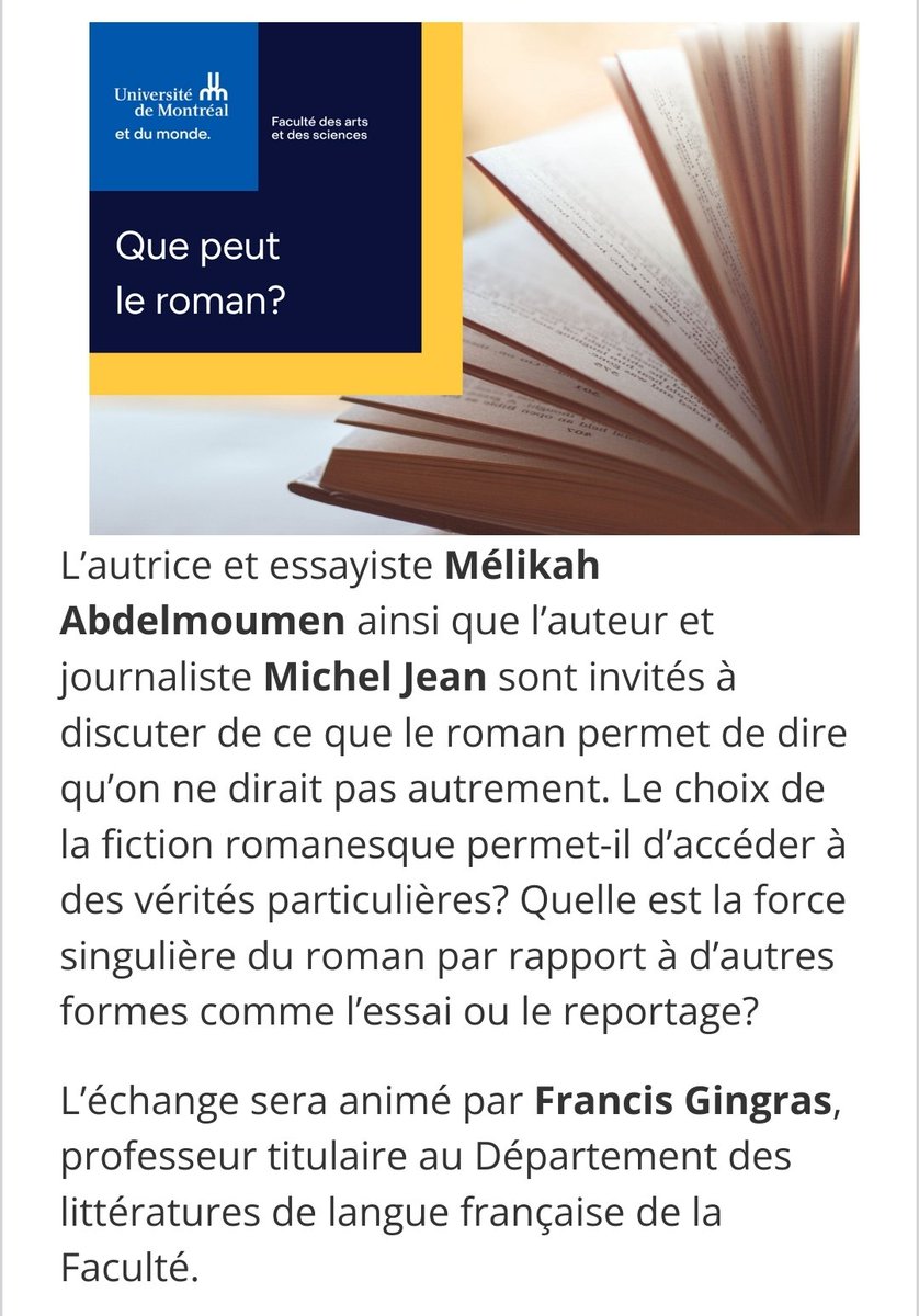 Frédéric Bouchard (@fbouchard) on Twitter photo Un grand échange à la <a href="/FASNouvelles/">FAS-UMontréal</a> <a href="/UMontreal/">Université de Montréal</a> ce soir. Avec notre collègue Francis Gingras, et deux auteurs A+ <a href="/micheljean5/">michel jean</a> et Mélikah Abdelmoumen nous discutons devant salle comble du pouvoir et de la force singulière du roman. Échange génial! Bravo et merci! Un grand échange à la <a href="/FASNouvelles/">FAS-UMontréal</a> <a href="/UMontreal/">Université de Montréal</a> ce soir. Avec notre collègue Francis Gingras, et deux auteurs A+ <a href="/micheljean5/">michel jean</a> et Mélikah Abdelmoumen nous discutons devant salle comble du pouvoir et de la force singulière du roman. Échange génial! Bravo et merci!