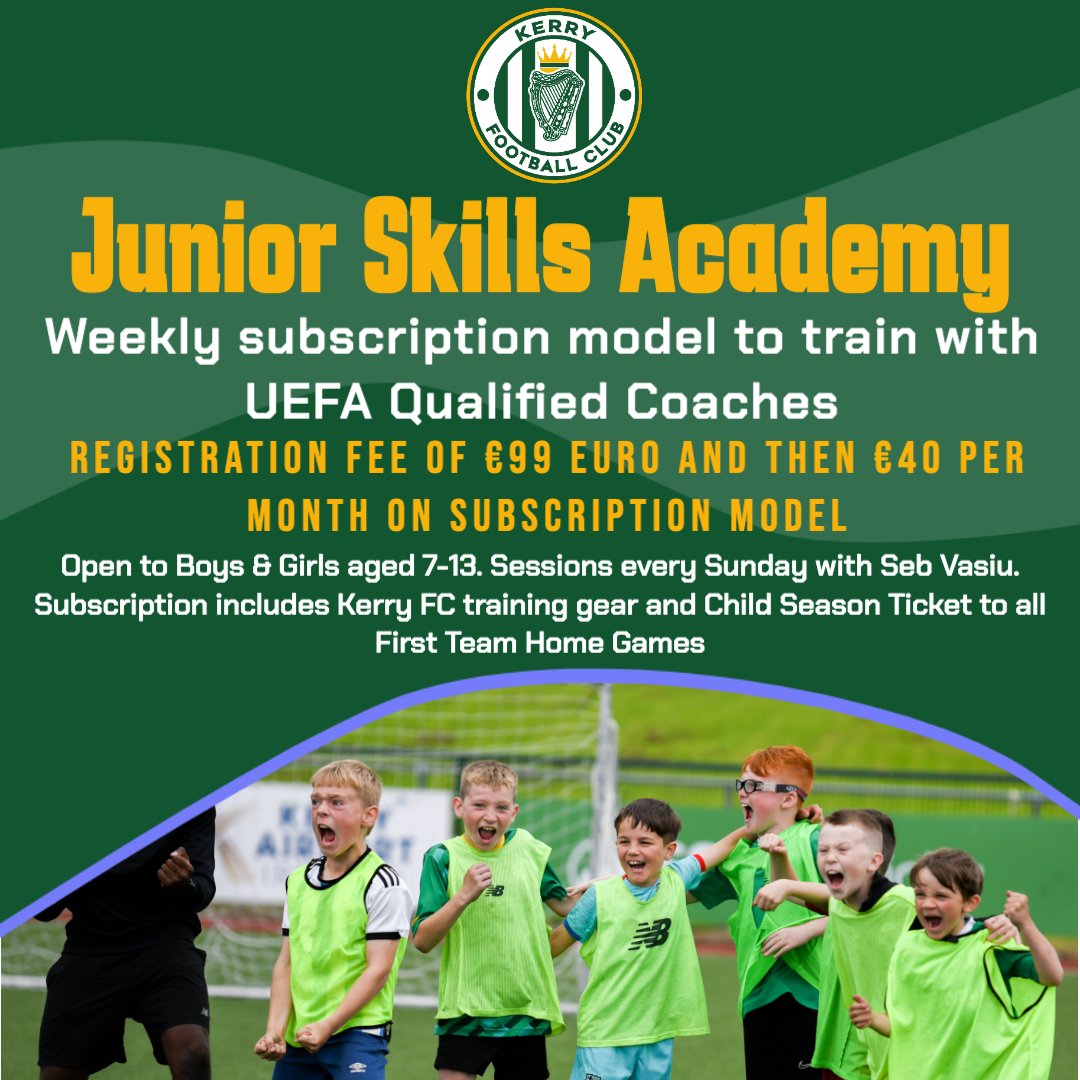 Introducing the Kerry FC Junior Academy! 🟢⚪️

Your chance to be coached at the top level right here in Kerry FC

For more information and how to sign up, just tap the link below!

🔗 kerryfc.com/junior-skills-…

#WeAreKerryFC