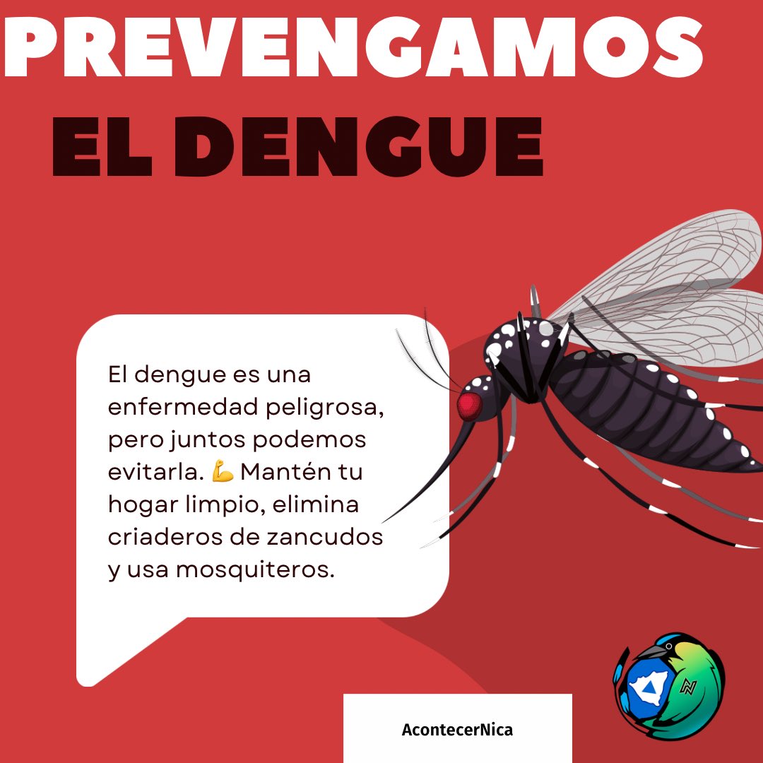 🦟🚨 ¡Prevenimos el dengue, protegemos la vida! 🇳🇮✨

El dengue es una enfermedad peligrosa, pero juntos podemos evitarla. 💪 Mantén tu hogar limpio, elimina criaderos de zancudos y usa mosquiteros. 🌿🚫Lava y tapa los recipientes con agua. Voltea botellas