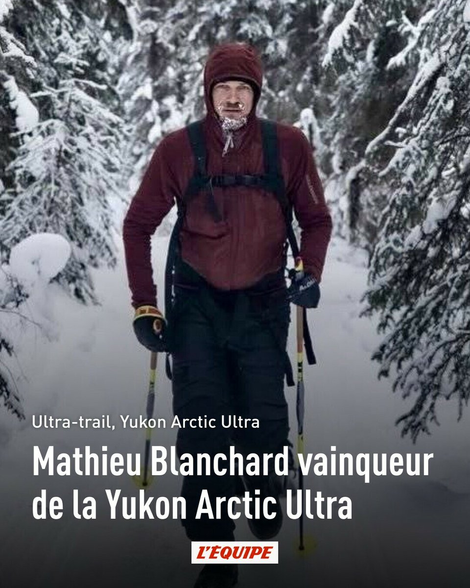 lequipe's tweet photo. Le Français Mathieu Blanchard a remporté ce lundi le 600 km à pied de la Yukon Arctic Ultra. L'ultra-trailer n'a mis que 8 jours pour signer cet exploit réalisé dans un froid glacial et après moult péripéties.
➡️ https://t.co/I6oQHVwNvF https://t.co/7odd0FOG22