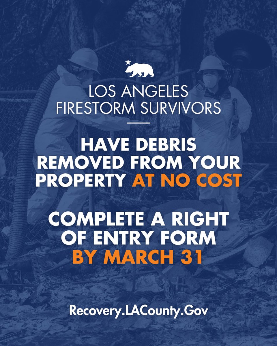 CAgovernor's tweet photo. ⚠️ Los Angeles County residents whose properties were impacted by the #PalisadesFire and #EatonFire can opt into no-cost wildfire debris removal. https://t.co/Uv9zPgGw7T