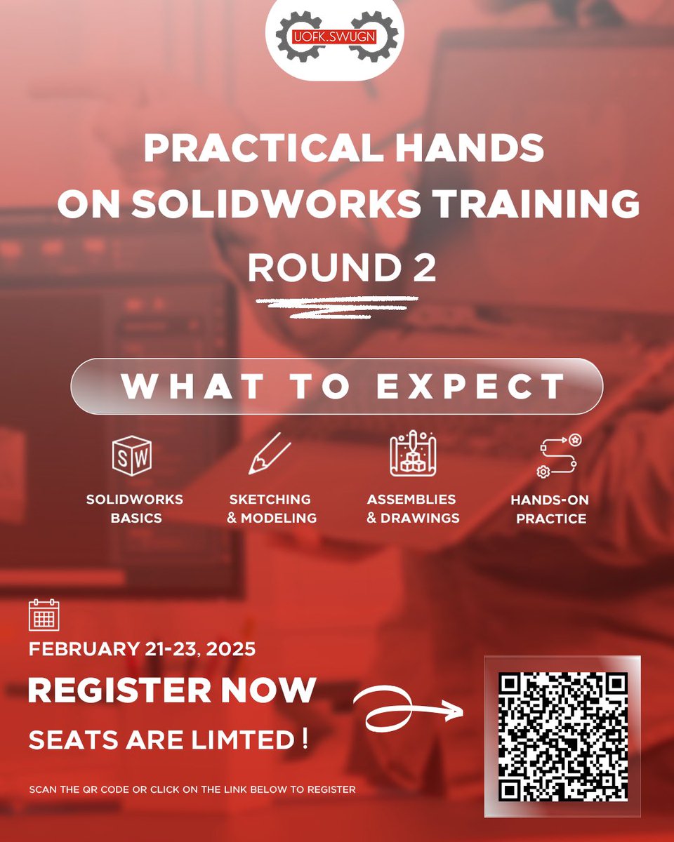 UOFKSWUG's tweet photo. 🚀 Join Our Hands-On SolidWorks Training-2! 🎯

📅 Workshop Date: January 21-23, 2025
🏛 Location: Online (Join us from anywhere!)
💻 Need help installing SolidWorks? We've got you covered!

📌 Register now: [https://t.co/KLgTAjUvQG]

#SolidWorks #3DDesign #CAD #Engineering https://t.co/RMwVIzKVx4