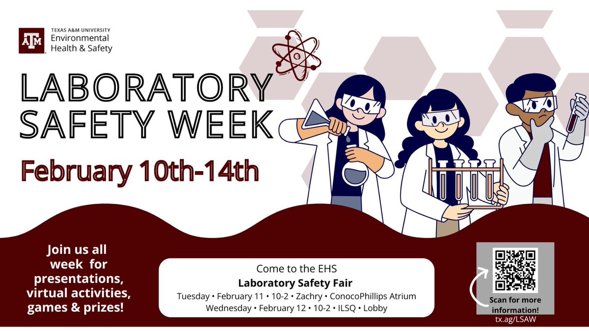 Lab Safety Awareness Week is here! Join us for in-person and virtual activities all week to learn more about important lab safety topics. Full schedule: ehs.tamu.edu/home/hot-topic…