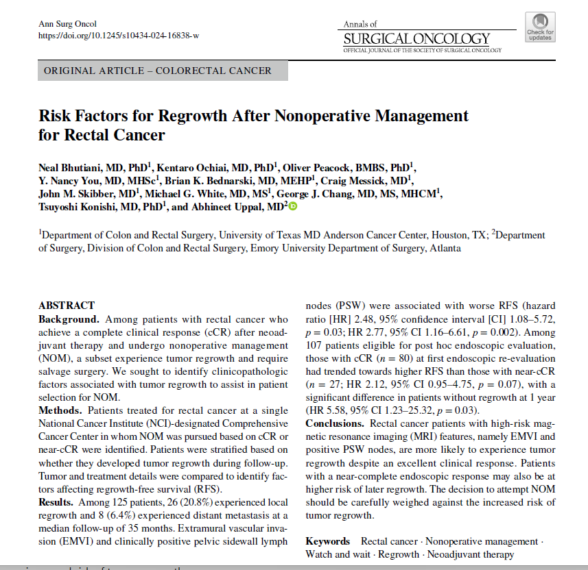 Sean Langenfeld (@seanlangenfeld) on Twitter photo Excellent <a href="/AnnSurgOncol/">Annals of Surgical Oncology</a> study from <a href="/MDAndersonNews/">MD Anderson Cancer Center</a> <a href="/EmorySurgery/">Emory Surgery</a> looking at predictors for local recurrence after #WatchandWait for rectal cancer:
+EMVI associated with an increased risk of local recurrence after cCR (44%)
+LPLNs also had increased recurrence (47%)
---If tumor Excellent <a href="/AnnSurgOncol/">Annals of Surgical Oncology</a> study from <a href="/MDAndersonNews/">MD Anderson Cancer Center</a> <a href="/EmorySurgery/">Emory Surgery</a> looking at predictors for local recurrence after #WatchandWait for rectal cancer:
+EMVI associated with an increased risk of local recurrence after cCR (44%)
+LPLNs also had increased recurrence (47%)
---If tumor