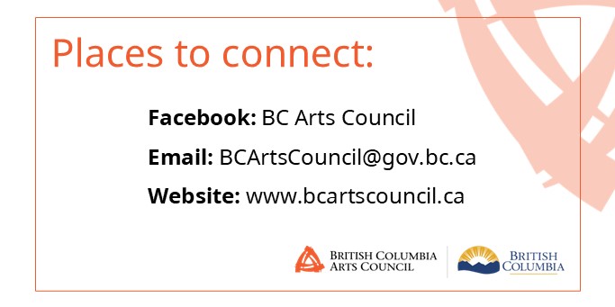 BC Arts Council (@bcartscouncil) on Twitter photo We’re stepping back from this platform.
To stay up to date on grant programs and deadlines, stay tuned to our website at bcartscouncil.ca or find us on Facebook.
Have a question? Get in touch at BCArtsCouncil@gov.bc.ca. We’re here to help. We’re stepping back from this platform.
To stay up to date on grant programs and deadlines, stay tuned to our website at bcartscouncil.ca or find us on Facebook.
Have a question? Get in touch at BCArtsCouncil@gov.bc.ca. We’re here to help.
