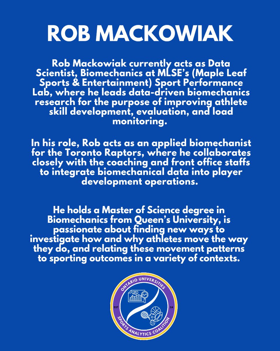 UofT Sports Analytics (@uoftspan) on Twitter photo Introducing Rob Mackowiak, our next keynote speaker at the OUSAC conference on March 1!
Rob is a data scientist at MLSE's Sport Performance Lab, working closely with Toronto Raptors staff to integrate biomechanical data into player development operations.
<a href="/RobMackowiak/">Rob Mackowiak</a> Introducing Rob Mackowiak, our next keynote speaker at the OUSAC conference on March 1!
Rob is a data scientist at MLSE's Sport Performance Lab, working closely with Toronto Raptors staff to integrate biomechanical data into player development operations.
<a href="/RobMackowiak/">Rob Mackowiak</a>