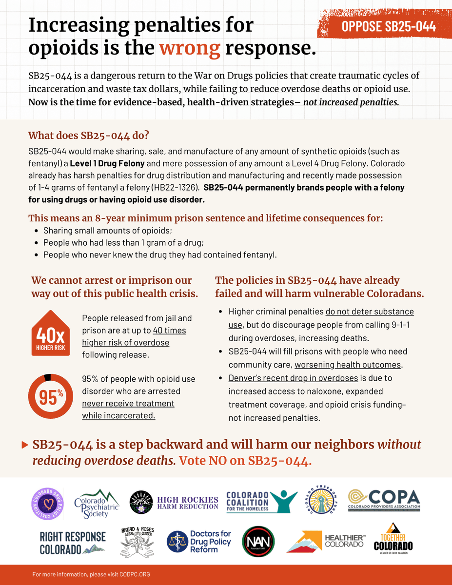 We're at the Colorado Senate Judiciary Committee hearing for SB25-044 which would make possession, sharing, etc of any amount of synthetic opioids like fentanyl a felony. 
codpc.org/stop-sb25-044

Listen: leg.colorado.gov/committee/audi…