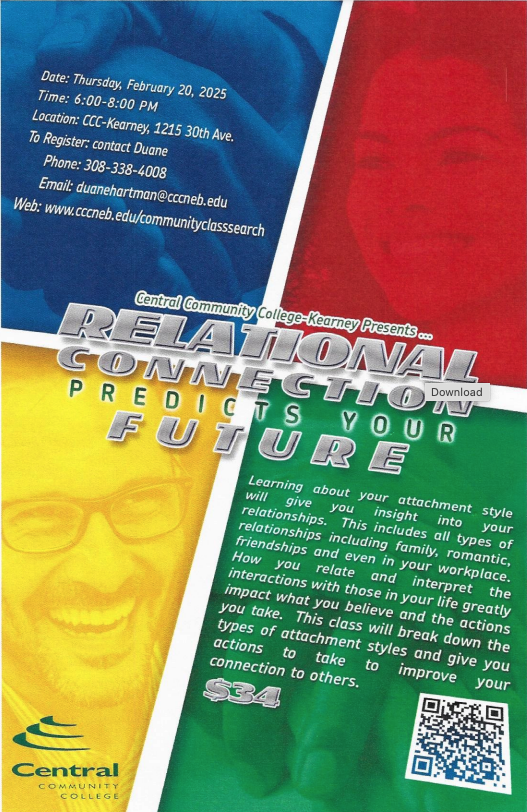 COMPASSnebraska's tweet image. Lifelong learners, this is a new class coming up in February. Instructor Cheri Theesen, PLMHP, is bringing us a teaching on the art and science of relationship attachment styles. 

Be prepared to have a great time learning the ins and outs of relational connection.