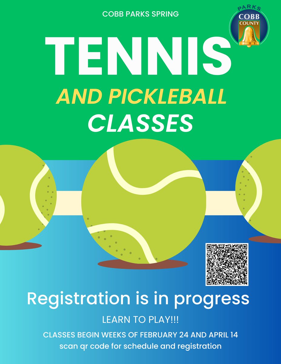 CobbCountyPARKS's tweet photo. Spring tennis and pickleball class registration is underway! View schedule here - https://t.co/D3IYKVfuzl. @cobbcountygovt @EastCobbNewsNow @KennesawPatch @SouthCobbPatch @WestCobbPatch @MariettaPatch https://t.co/peSjtD2v9P