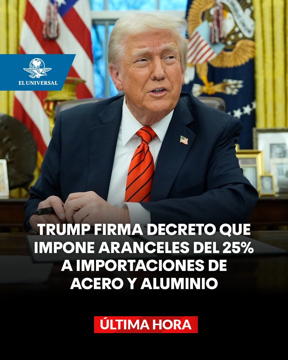 #ÚLTIMAHORA 🚨 El presidente estadounidense, Donald Trump, cumplió este lunes su promesa de aplicar aranceles del 25% a las importaciones de acero y aluminio.
👉 tinyurl.com/aacsjkps