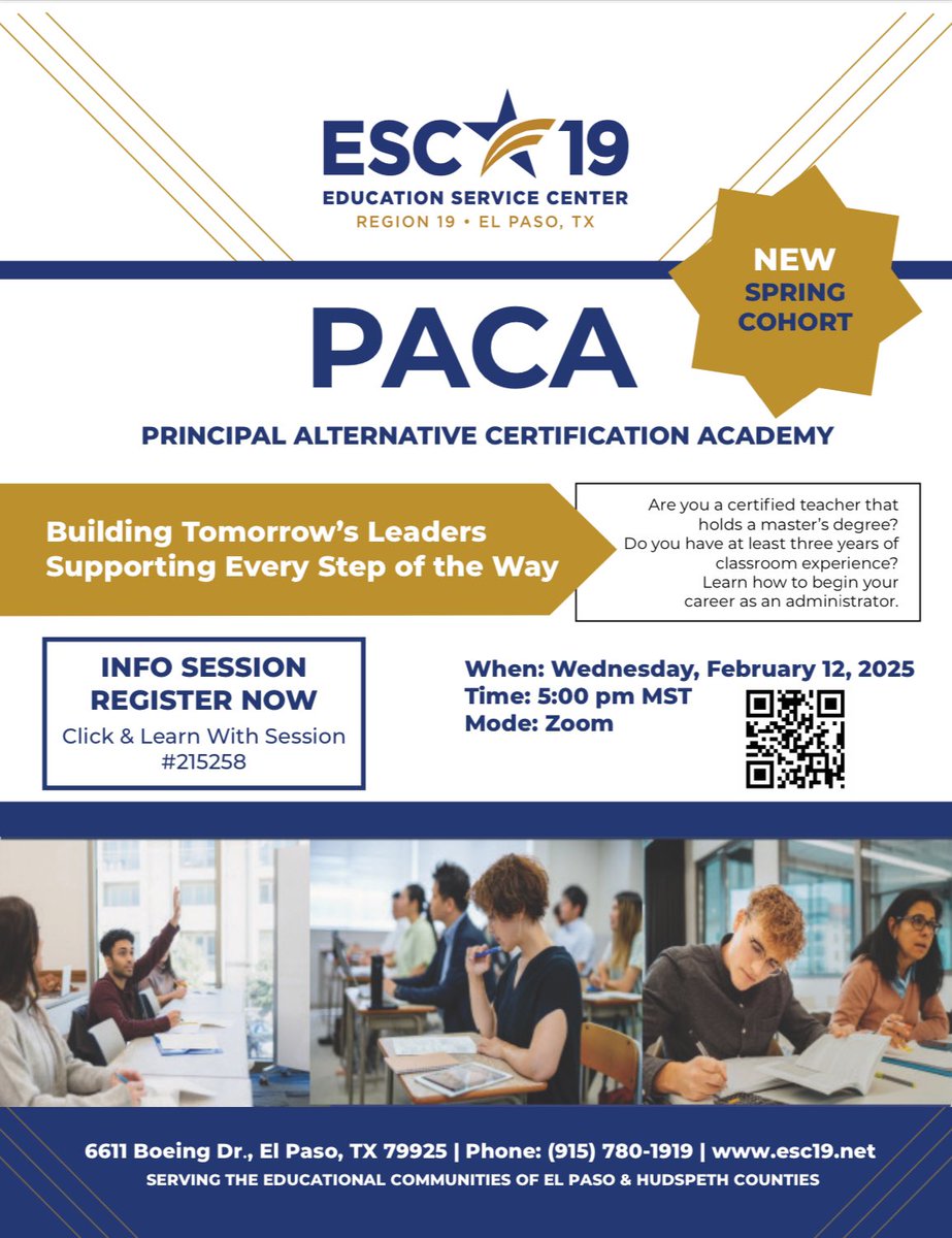 Are you interested in a career as a school administrator? We are hosting a Zoom info session this Wednesday, Feb 12 at 5 pm. Register on Click and Learn txr19.escworks.net for session #215258. #WeR19 <a href="/ESCRegion19/">ESC-Region 19</a> <a href="/ACP_Region19/">Region 19 ESC ACP</a>