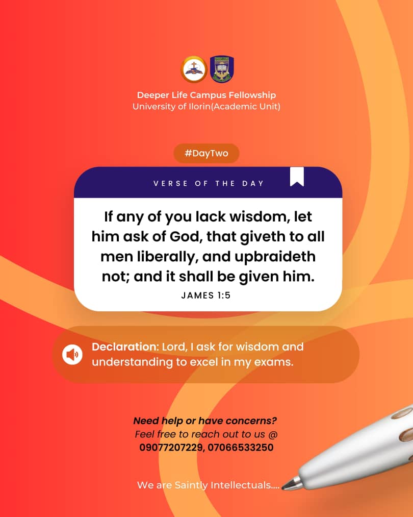 It's Day 2 of the examinations. 🔥

Today, as you walk into the exam hall, declare that wisdom overflows all around you. 

You receive a divine inspiration from God to understand and answer all questions with supernatural accuracy and precision.

Amen. 🙏