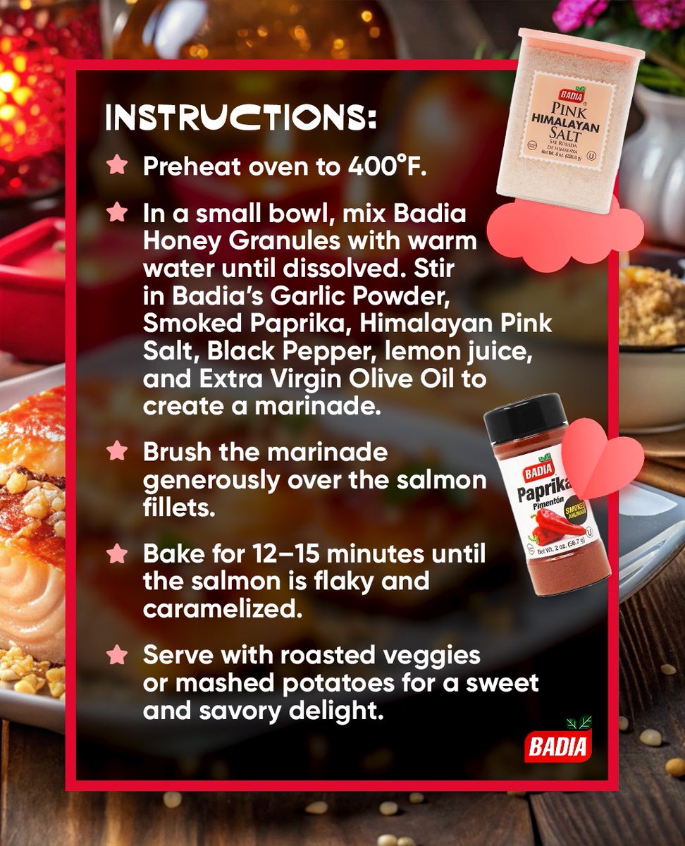This #ValentinesDay, turn up the heat with Love at First Bite Honey Garlic Salmon, made with Badia Honey Granules, Garlic Powder, and Smoked Paprika. A little sweet, a little smoky and a whole lot of flavor—just like the perfect love story!

🛒 SHOP NOW: bodega.badiaspices.com/shop