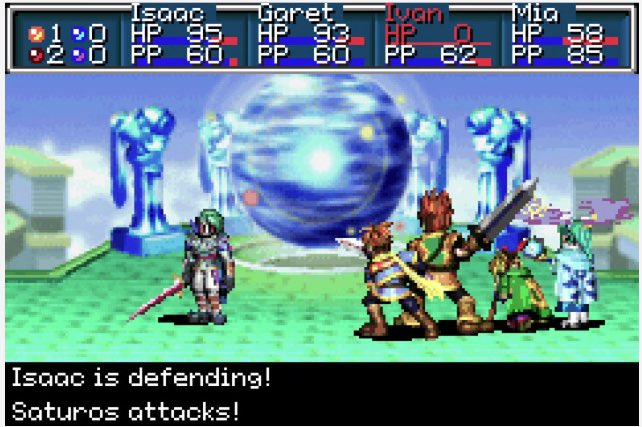 Let’s just take a moment to appreciate the fact that Nintendo decided to use a screenshot of Ivan with 0HP to show off the Saturos boss fight.

If Nintendo did trophies you just know “Defeat Saturos atop Mercury Lighthouse whilst not letting Ivan’s HP reach 0” would be one!