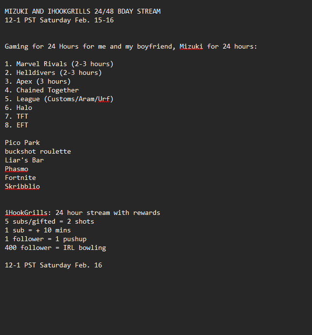 Hello everyone, I don't post on Twitter but fuck it right? I will be doing a 24 hour stream with my best friend <a href="/MizukiHarro/">Mizuki Harro🩵🌙</a> this Saturday, Feb 15 for our birthdays. Come by and say hello. Rewards are on the bottom. More rewards to come.
