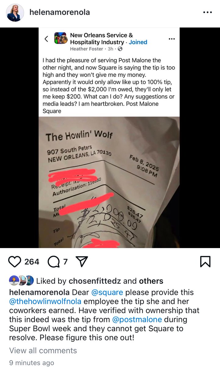 At least one New Orleans hospitality worker at the Howlin' Wolf is having a problem getting a $2,000 tip from Post Malone. She claims Square says the tip is too high. Councilwoman Helena Moreno reposted the woman's note, asking Square to figure it out.