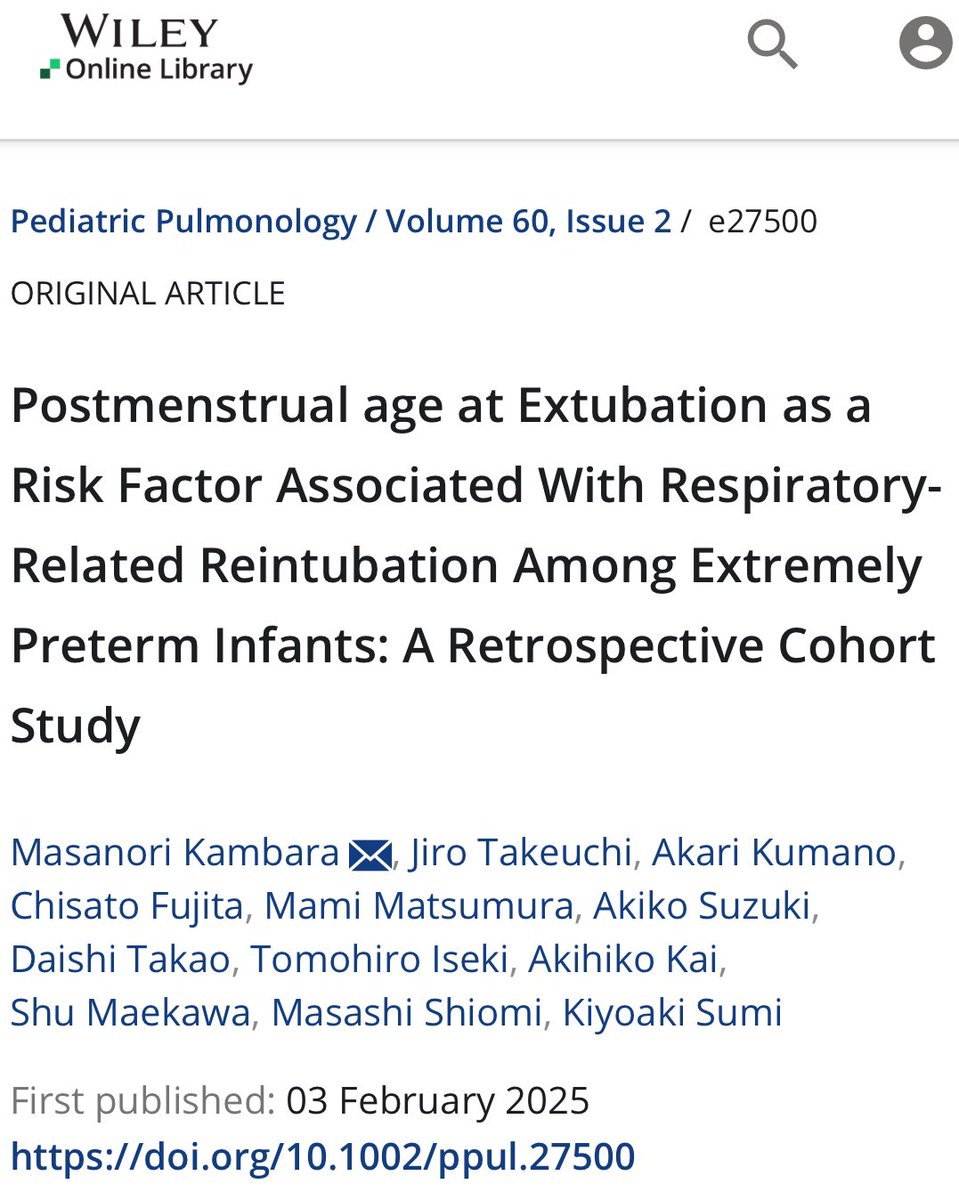 Kambara, et al. explores risk factors associated with reintubations among extremely preterm infants during hospitalization.

onlinelibrary.wiley.com/doi/10.1002/pp…

#neotwitter
