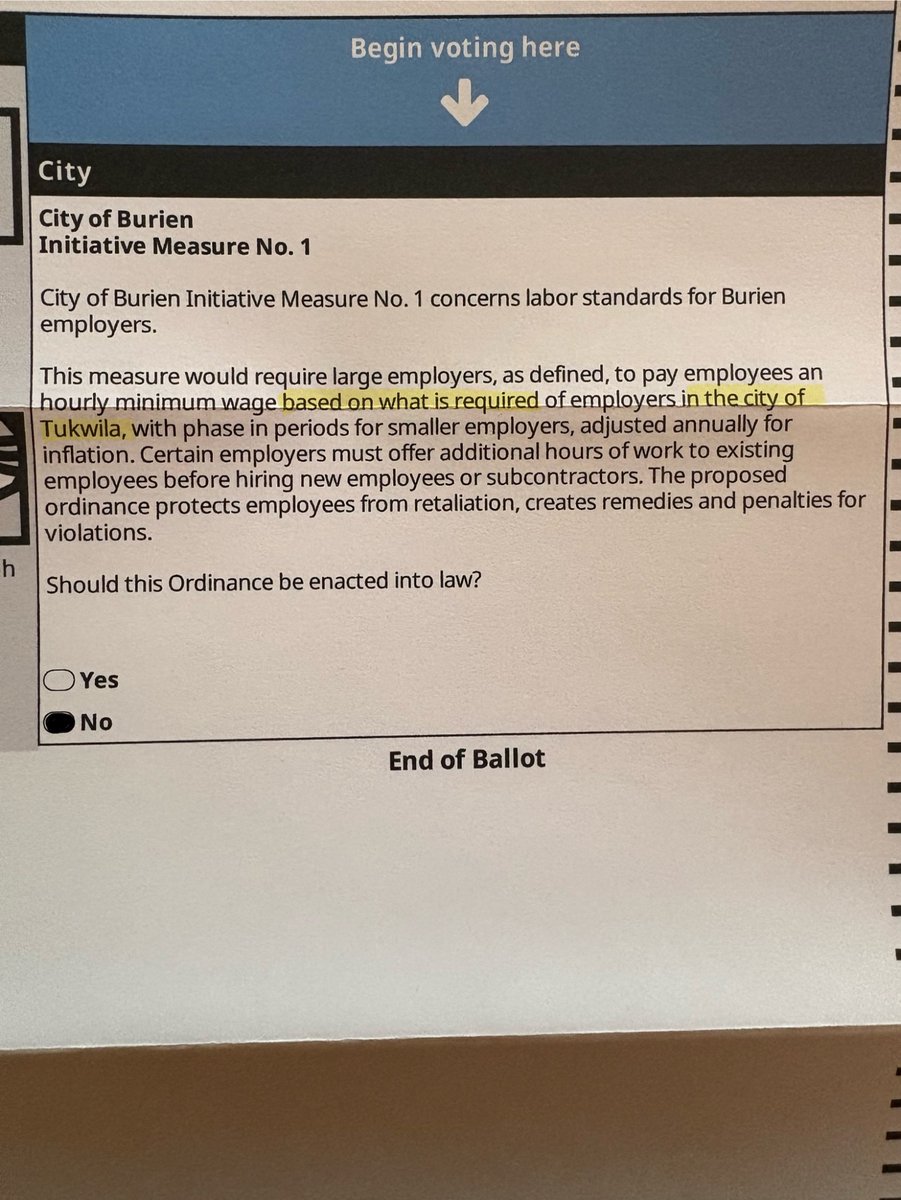 This initiative ties Burien minimum wage to tukwila’s. WE ARE NOT TUKWILA.  We are much smaller, we don’t have the big box stores or Mall like tukwila does. 
This statement reflects my own views and not those of the city of Burien, its council, nor its staff.