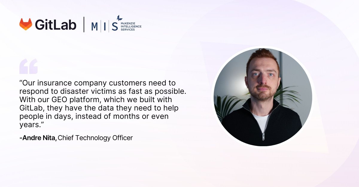 gitlab's tweet photo. When natural disasters strike, our customer @McKenzie_Int leaned on GitLab to cut their insurance data delivery time from months to 72 hours—helping people get aid faster.

Key wins:

⚡️ 40% faster deployments
💸 25% tech budget saved
✔️ Seamless compliance across global markets https://t.co/EYaAV5dJxR