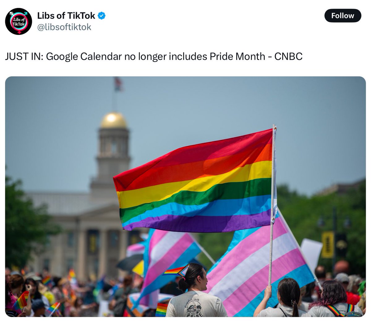Confirming that she’s just a bigot who focuses like a laser not just on Trans people but LGBT people overall, Libs of TikTok convenient leaves out that Google is also removing Holocaust Remembrance Day and Jewish Heritage Month as well. 

No comment on those dates being removed,