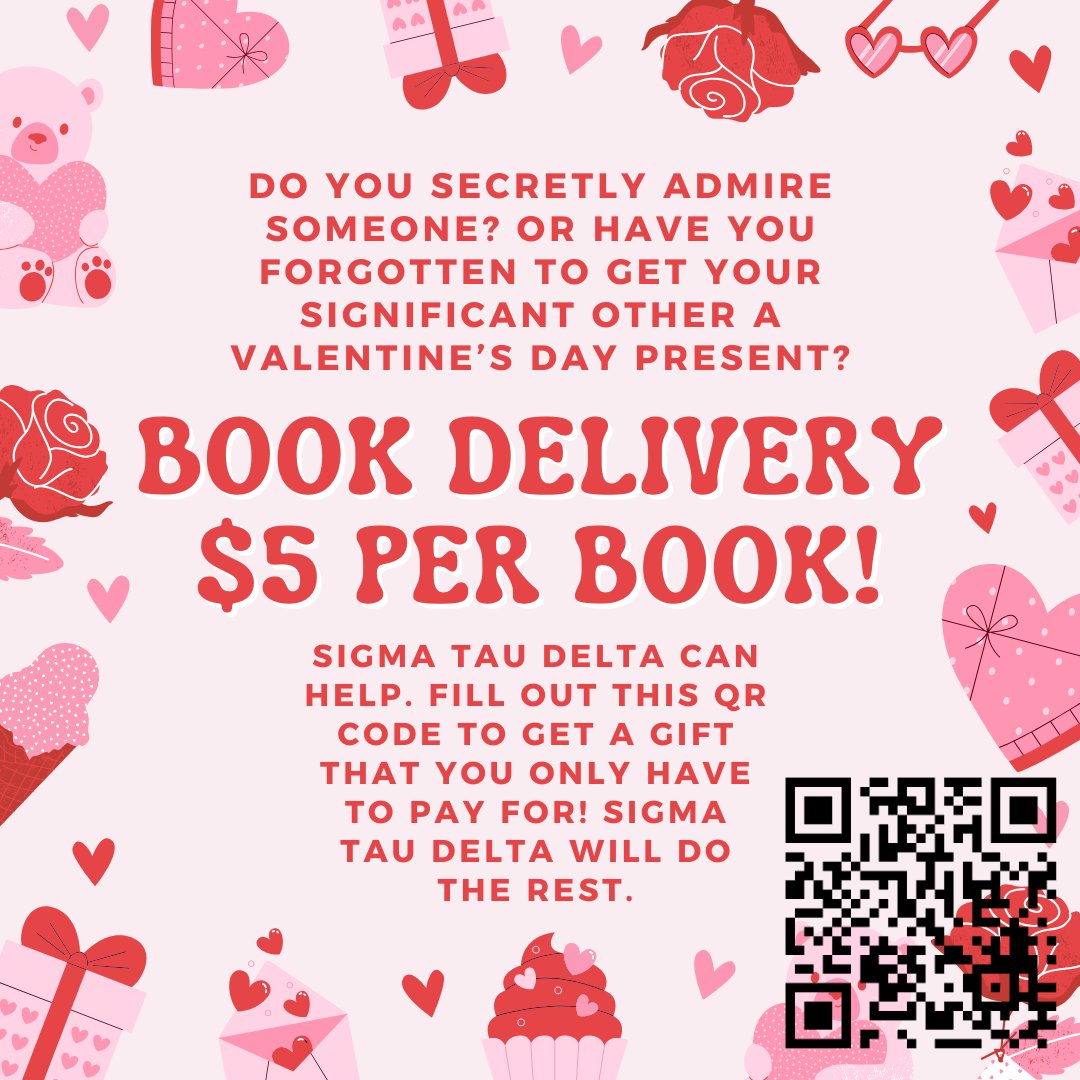 Be sure to check out Sigma Tau Delta's Valentine's Day fundraiser! Fill out the form, pay, and receive a gift (or send a gift) through campus mail. Henderson students are able to participate in this fundraiser as well! Books will be dropped off on campus pending pickup.