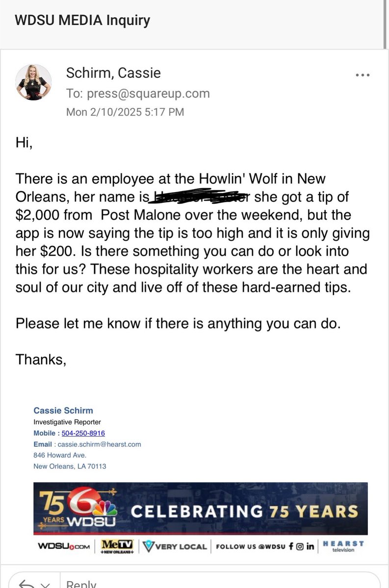 Cassie Schirm (@cassiewdsu) on Twitter photo A @thehowlinwolfnola employee got a tip of $2000 from <a href="/PostMalone/">Post Malone</a> during Super Bowl week but the Square app is not allowing them to get the full tip only $200. I sent @square an email to see if they can get this resolved. We know just how important those tips are for our A @thehowlinwolfnola employee got a tip of $2000 from <a href="/PostMalone/">Post Malone</a> during Super Bowl week but the Square app is not allowing them to get the full tip only $200. I sent @square an email to see if they can get this resolved. We know just how important those tips are for our
