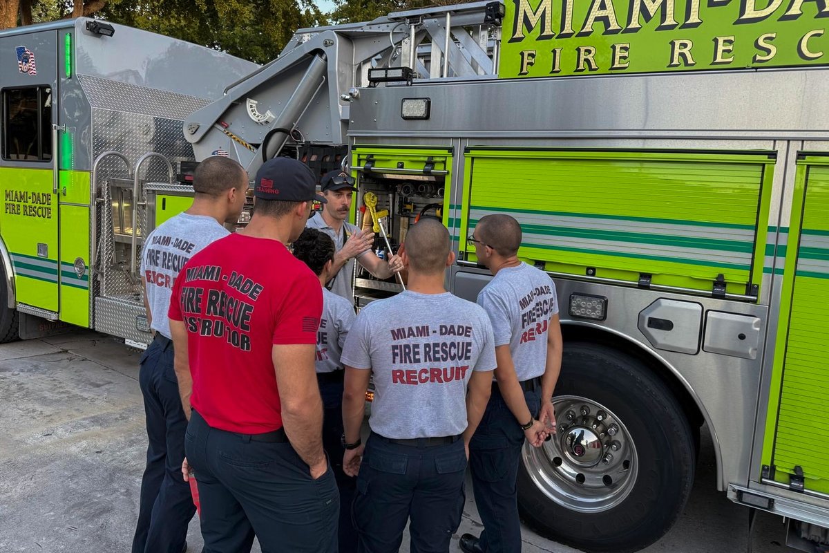 MiamiDadeFire's tweet photo. Ahead of their graduation later this week, the recruits from #MDFRClass156 visited various #MDFR stations across #OurCounty today to get a better understanding of station life and the responsibilities they’ll take on as firefighter trainees. The recruits had the opportunity to connect with current firefighters and experienced some of the daily duties that are shared during their shifts.