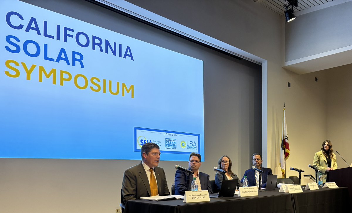Clean energy “has been a good source of excellent jobs for IBEW and other unions in California,” Hunter Stern, ast. business manager for IBEW Local 1245, said at today’s Solar Symposium in Sacramento.

Large-scale solar and storage projects provide a reliable source of jobs, and