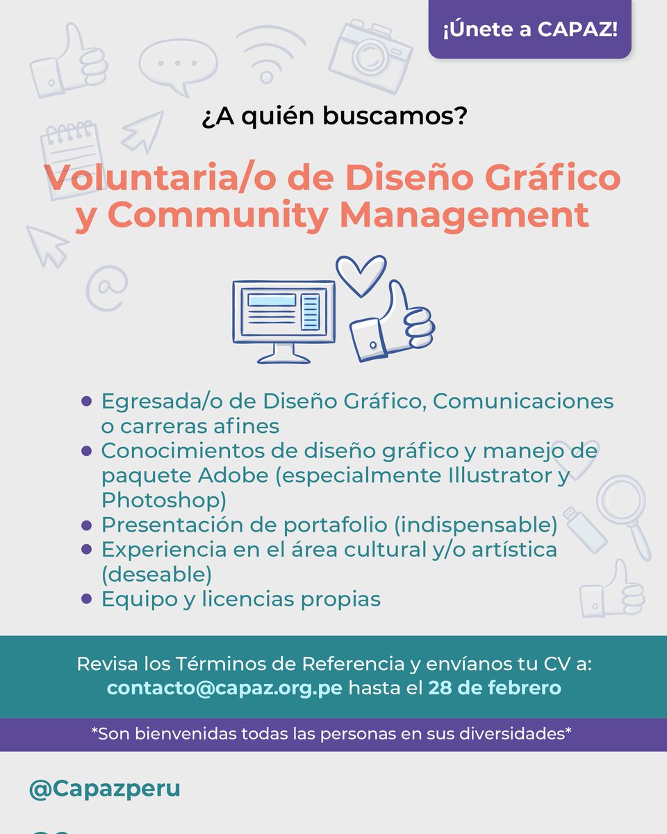 capazperu's tweet photo. 📢 CONVOCATORIA:  VOLUNTARIOS DE COMUNICACIONES 🌟

▶Únete a nuestro equipo y aprende todo lo que necesitas para ser un comunicador/a inclusivo y accesible. 👏

🔸Envíanos tu CV hasta el 28/02 a: contacto@capaz.org.pe

🔸TDR: https://t.co/sEreCDmAPB

#voluntariado #inclusion https://t.co/F2vFh7yxgt