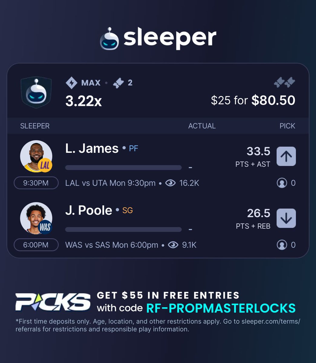 propmasterlocks's tweet photo. 🔥 Parlay #2 of the Day – Let’s Cash In! 🔥

🚨 LeBron James – Over 33.5 PTS + AST
King James is primed for a monster night in Utah! Expect scoring and dimes all game long. 👑📈

🛑 Jordan Poole – Under 26.5 PTS + REB
Poole’s been inconsistent, and against the Spurs, we see him staying under this mark. Bet smart! ❄️🏀

💰 Bet $25 ➡️ Win $80.50 💰

🔐 Get that parlay locked in with points, rebounds, AND assists in play!

🎁 New players get $55 FREE with code RF-PROPMASTERLOCKS. Join us and ride the wave! 🌊🏆

#PropMasterLocks #NBAProps #ParlayPlays #LeBronJames #JordanPoole #SportsBetting #PlayerProps #NBAParlay #WinningPlays #BigWins #SleeperPicks