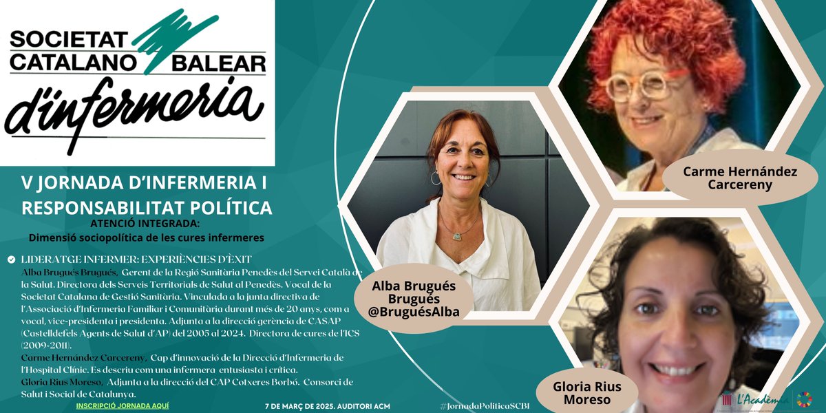Avui us presentarem la taula rodona "Lideratge infermer: experiències d'èxit", amb les ponents: 
🔶Alba Brugués (<a href="/BruguesAlba/">Alba Brugues Brugues</a>)
🔶Carme Hernández 
🔶Gloria Rius
Tres infermeres líders 🔝, serà tot un luxe tenir-les amb nosaltres!📅7 de març  📍Auditori ACM inscripcions.academia.cat/form.php?id=29…