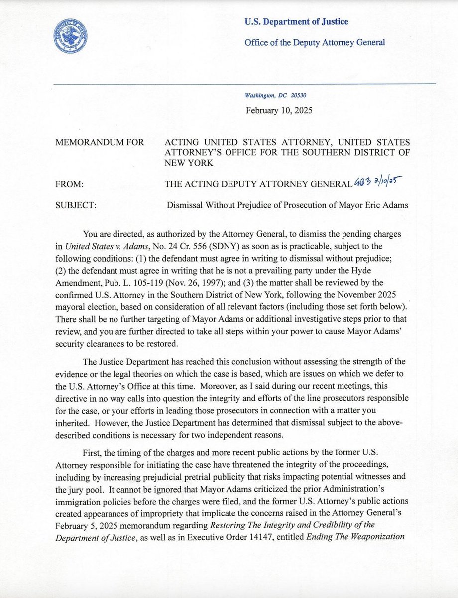 stevennelson10's tweet image. DOJ orders Manhattan US attorney to drop prosecution of NYC Mayor Eric Adams