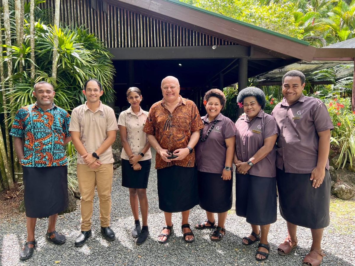 Hon @billgavoka visits Garden of Sleeping Giant shadowed by the majestic ‘dela ni Ravoravo’. Originally designed to house late Raymond Burr’s private collection of tropical orchids, the gardens are now home to the South Pacific’s largest orchid collection and a tourist attraction