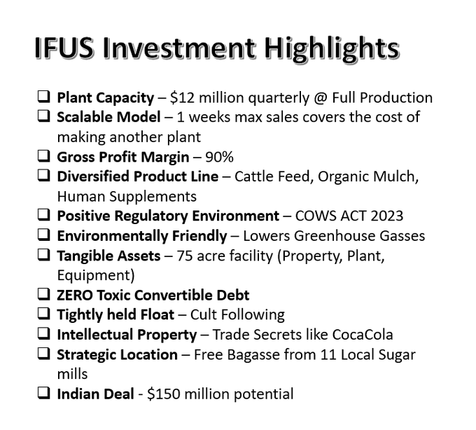 NotTheMoma2's tweet photo. $IFUS Is now The most ethical investment on Wallstreet folks. 
The CEO works for free like the EX-CEO of Ford did in the 1980s when Lee Iacocca quit an easy job to save #Chrysler Corp  and AMC #Jeep in the 1980s. The IFUS CEO has brought what a University #Professor has already called the #Holy #Grail of #Lignin Depolymerization, that has enabled turning #waste Sugar Cane Fiber into the best #cattle #feed and #organic #Mulch the world has ever seen. In so doing, they are solving multiple #GHG Green House Gas, #ClimateCrisis issues in one step. They just reported a Net Profit today, something even #Elon #Musk would get if he was not too busy kissing #Trump 's Ass? (Or is the other way around?) 

The only ones Making America Great Again #MAGA, aka the USA great again, is $IFUS, with hard work, sweat, creative ingenuity, experience, and real applied #science and #engineering, to save the US  cattle beef industry and the Dairy industry, and the food crop industry from the impending disaster that is already driving up food prices. Want to learn more? Want to solve #EggFalation ? Bowcott the Eggs and use that cash to buy some $IFUS Shares. 
Now on to the rest of the story:
1) Crypto is not food
2) It does not feed the world. You cannot ware or drink, or eat, of fly, or drive Crypto. It does not shelter you from inclement weather. Crypto is a fake money scam, backed up by nothing. A Fad. 
3)Check out how $IFUS is the only company in the world turning massive piles of waste ag-fiber (organic) into organic Fertilizer and cattle feed, and lowering customer costs by up to 85%. No one else has this technology. The technology also has a human health restoring supplement product that has awesome reviews. 

Today, they already reported their first net profit. The gross profit Margin is 90%, turning free waste into high value high demand products. Profits lead to dividends.
Wallstreet, or should I call it dumb money street, has not yet discovered this company. 
To learn more go here:
https://t.co/IjksR7zNeR 

https://t.co/pBUa1svnip 
 
https://t.co/CnDZO1oQtL 

https://t.co/R85yVHJnrm 

https://t.co/ZoK8EUO27b

For news:
https://t.co/1AF4dVu46I