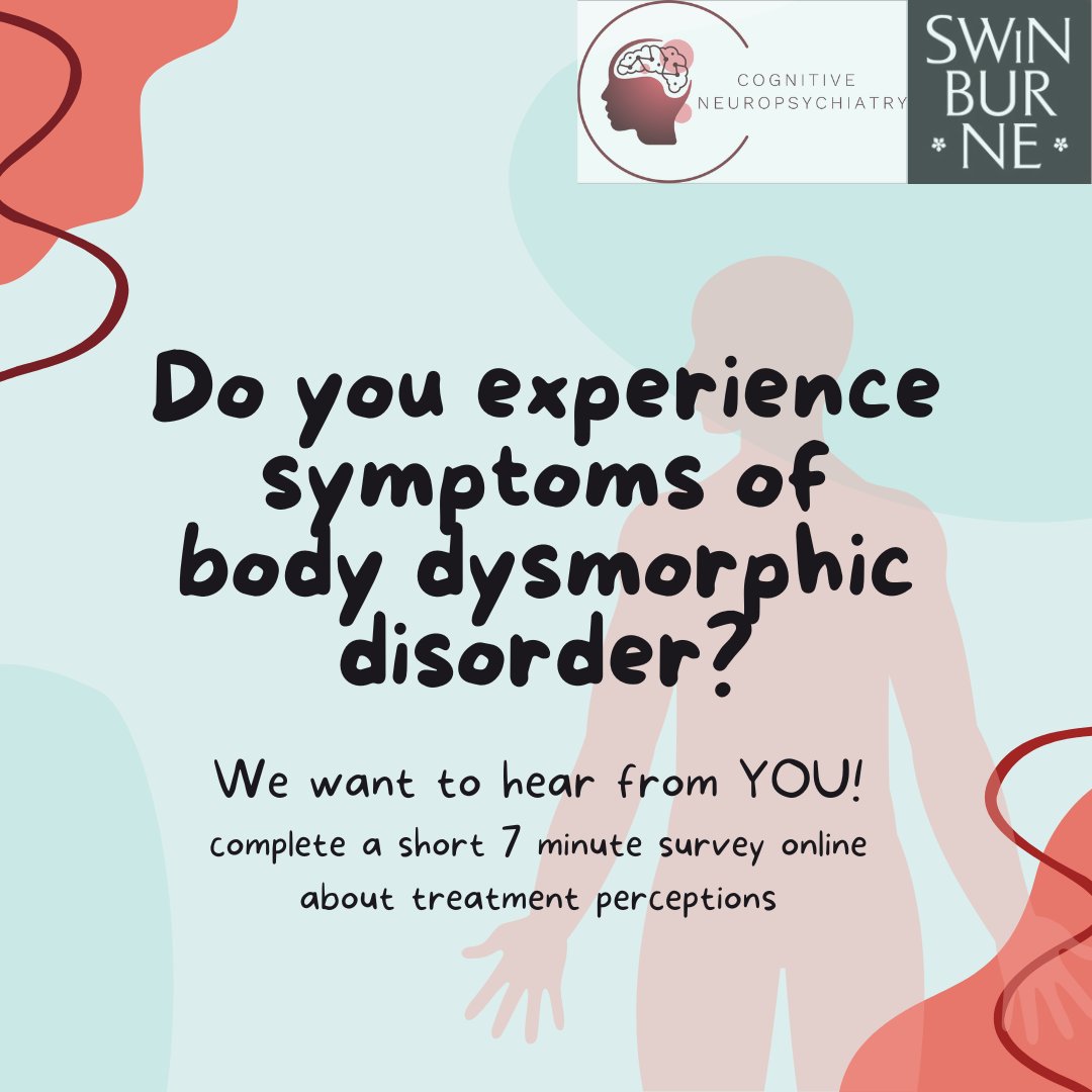 The Centre for Mental Health and Brain Sciences at Swinburne University is conducting a survey for adults experiencing symptoms of Body Dysmorphic Disorder regarding attitudes and opinions of available treatments. No formal diagnosis is needed 👉 tinyurl.com/294e8ehc