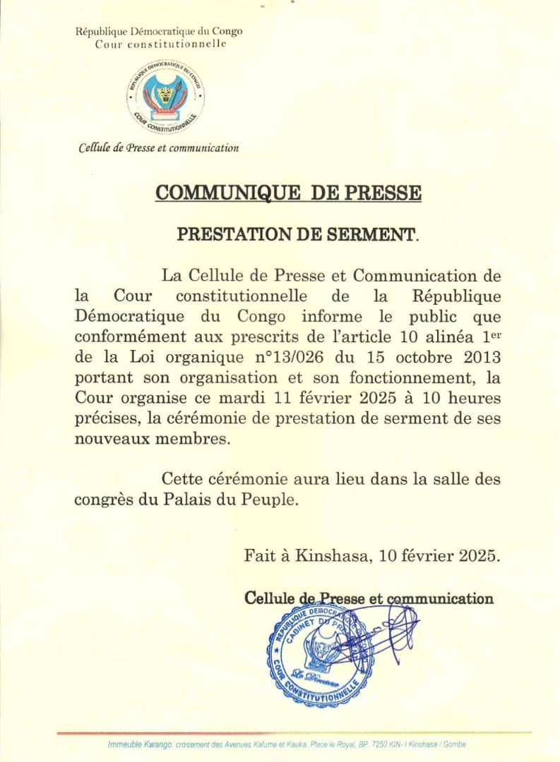RDC_NewsFlash's tweet image. #RDC| ##Flash_JUSTICE⚡️ | Les nouveaux juges de la Cour constitutionnelle prêteront serment ce mardi 11 février 2025.  #CourConstitutionnelle
@Cour_constRdc