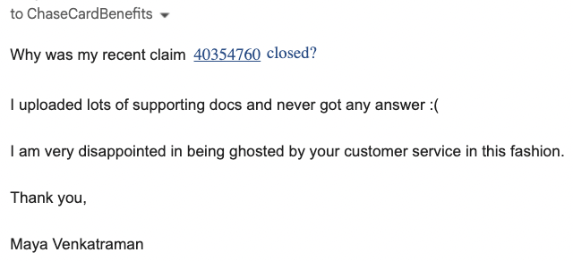 may_venk's tweet photo. @Chase 

Emails to Virginia Surety, your cards benefit provider, are not working.
Never received a response
was told by customer service associate Janelle that these emails were never received and are not visible on her end. https://t.co/LmdxxWejgd