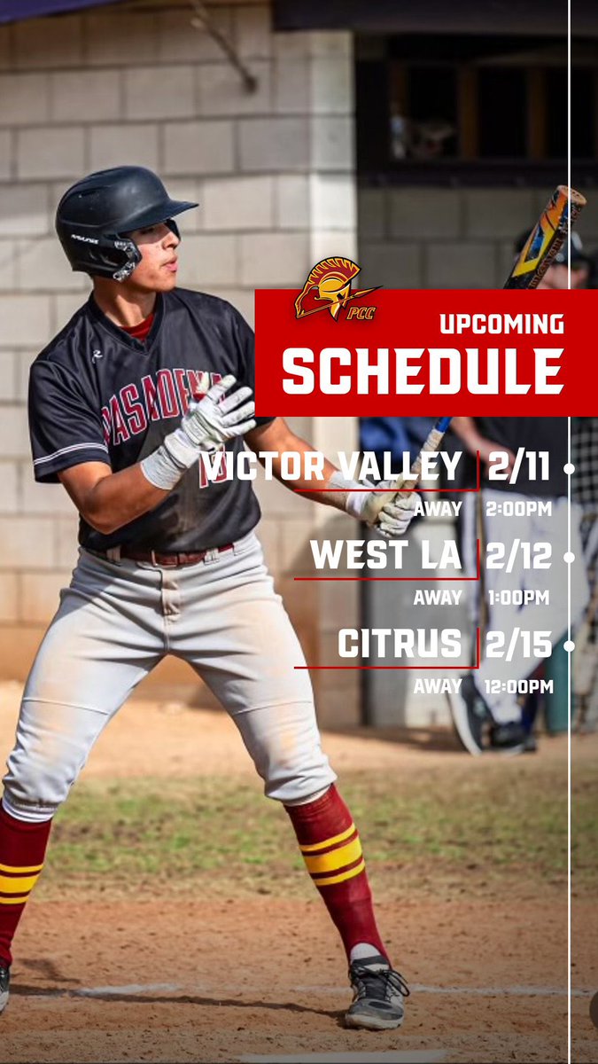 PCC Baseball (@baseballpcc) on Twitter photo Lancers Upcoming Schedule!
2/11 @ VVC 2:00pm
2/12 @ West LA 1:00pm
2/15 @ Citrus 12:00pm
<a href="/PCCAthletics/">PCC Athletics</a> <a href="/210PrepSports/">210 Prep Sports</a> Lancers Upcoming Schedule!
2/11 @ VVC 2:00pm
2/12 @ West LA 1:00pm
2/15 @ Citrus 12:00pm
<a href="/PCCAthletics/">PCC Athletics</a> <a href="/210PrepSports/">210 Prep Sports</a>