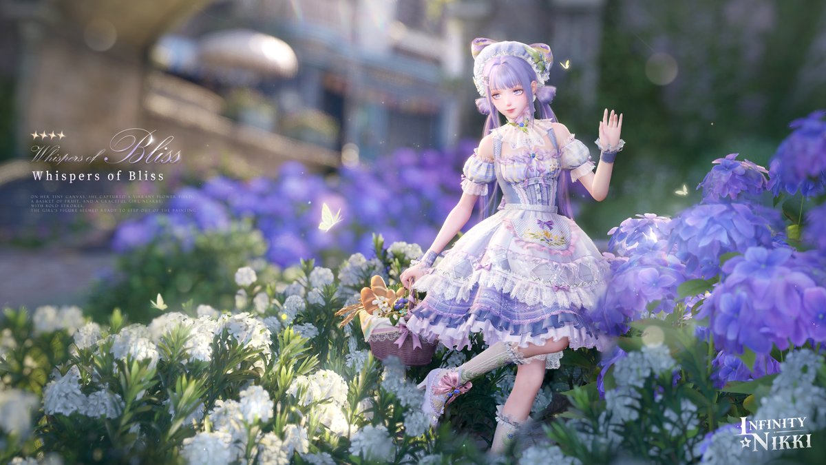 InfinityNikkiEN's tweet image. Whimsical Wardrobe丨Whispers of Bliss
&amp;gt;&amp;gt;Main Attribute: Sweet

On her tiny canvas, she captured a vibrant flower field, a basket of fruit, and a graceful girl nearby. With bold strokes, the girl's figure seemed ready to step out of the painting.
*Note: Some makeup shown in the…