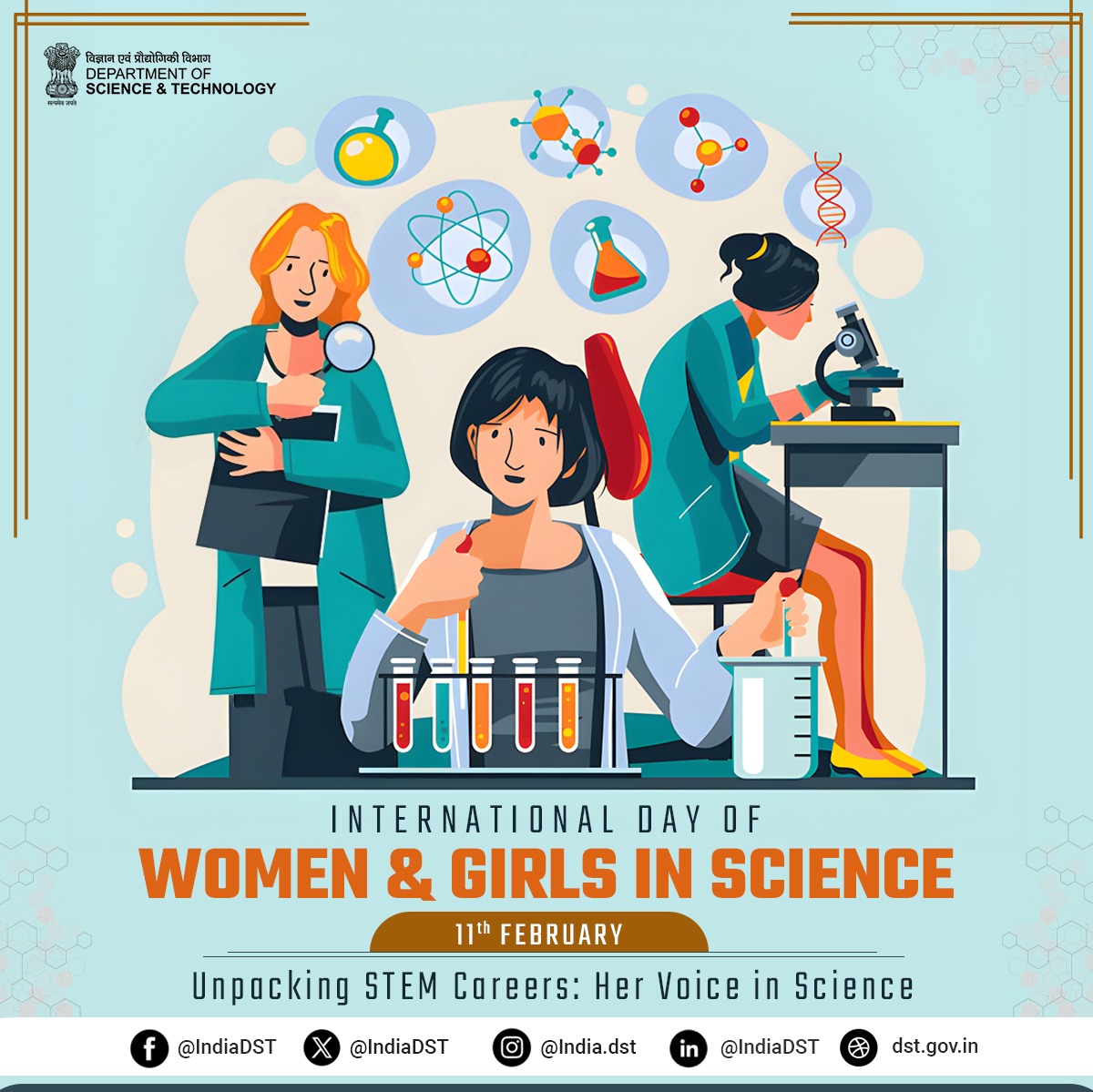 IndiaDST's tweet photo. Celebrating the #InternationalDayofWomenandGirlsinScience !💡

A day to recognize #achievements, break barriers, &amp; #inspire future generations in #STEM⚡

Let’s amplify their voices!🔊

#WomenInSTEM 

@DrJitendraSingh @karandi65 @MinistryWCD https://t.co/i35wKAI8kz