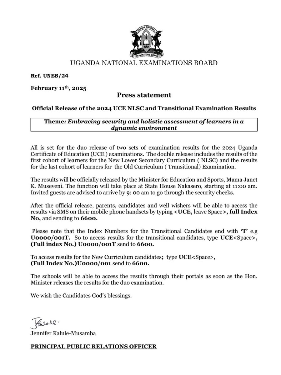 All is set for the duo release of two sets of examination results for the 2024 Uganda Certificate of Education (UCE ) examinations. The double release includes the results of the first cohort of learners for the New Lower Secondary Curriculum ( NLSC) and the results for the last