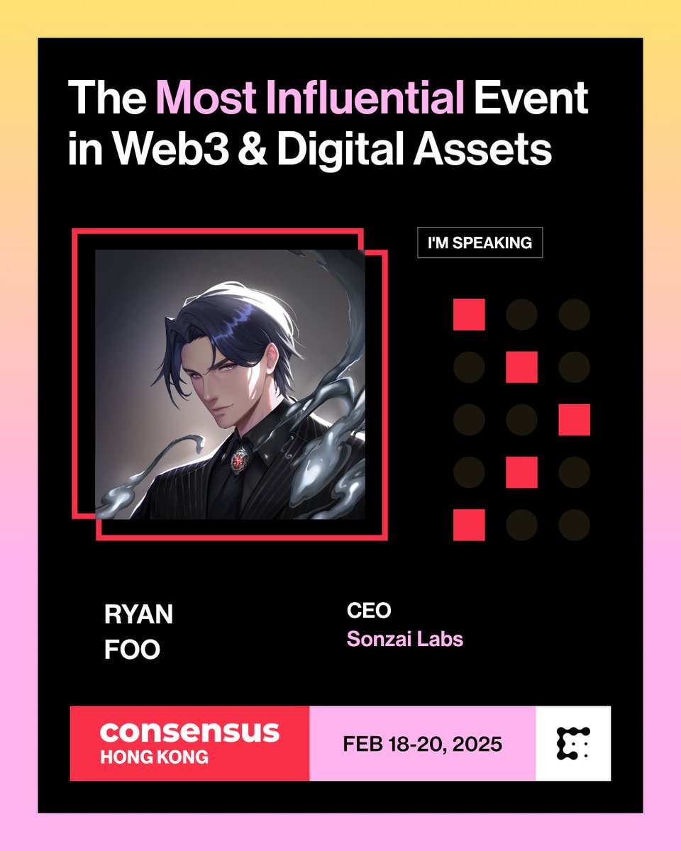 ryzemew's tweet photo. It's confirmed! I'll be speaking at @coindesk @consensus_hk 2025 on Web3 x AI x Gaming. 

3.55pm, Feb 20th, at the Emerging Tech stage.

Excited to talk @SonzaiLabs and @TeleMafia and our unique approach to creating engaging social web3 game economies with AI.

See you there! https://t.co/w1Fu7pACix