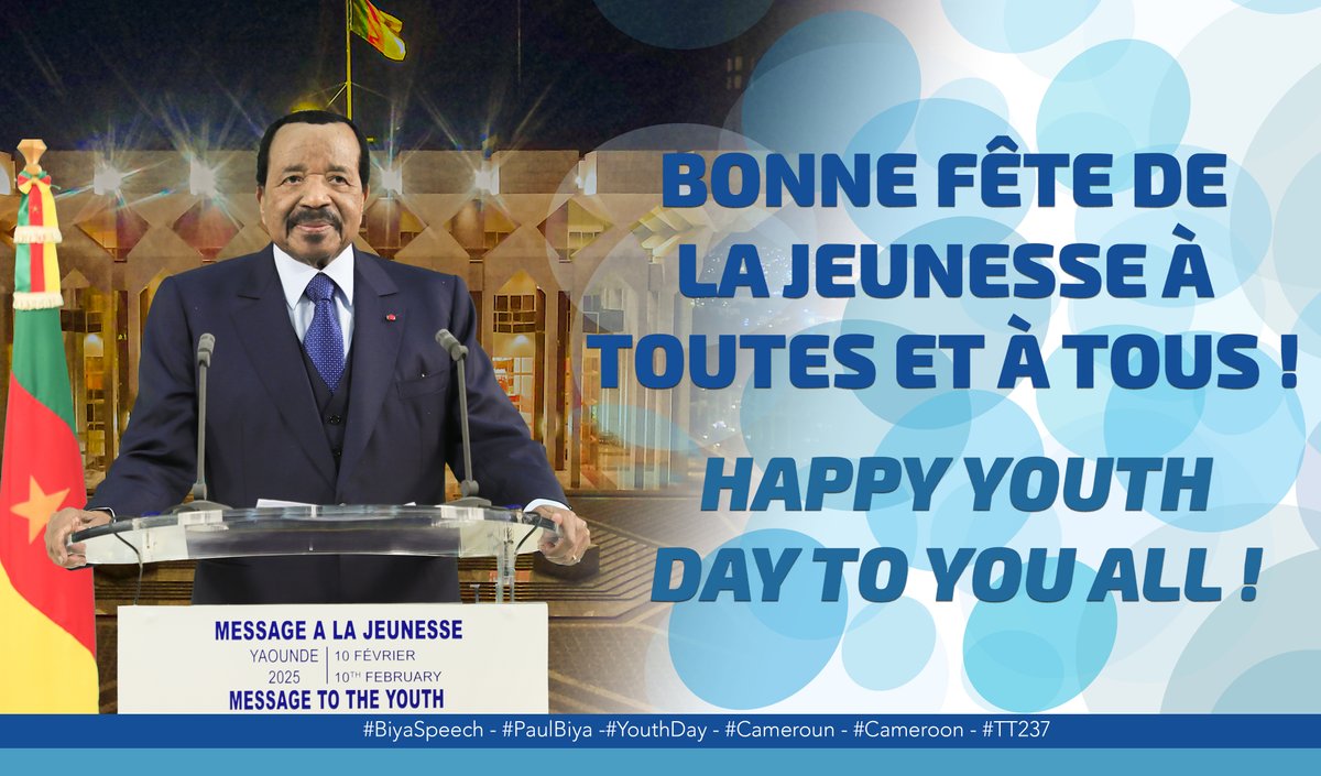 PR_Paul_BIYA's tweet photo. Bonne Fête de la Jeunesse à toutes et à tous !

Happy Youth Day to you all !

#YouthDay 
#PaulBiya 
#Cameroun  
#Cameroon https://t.co/L3JXAzvrO4