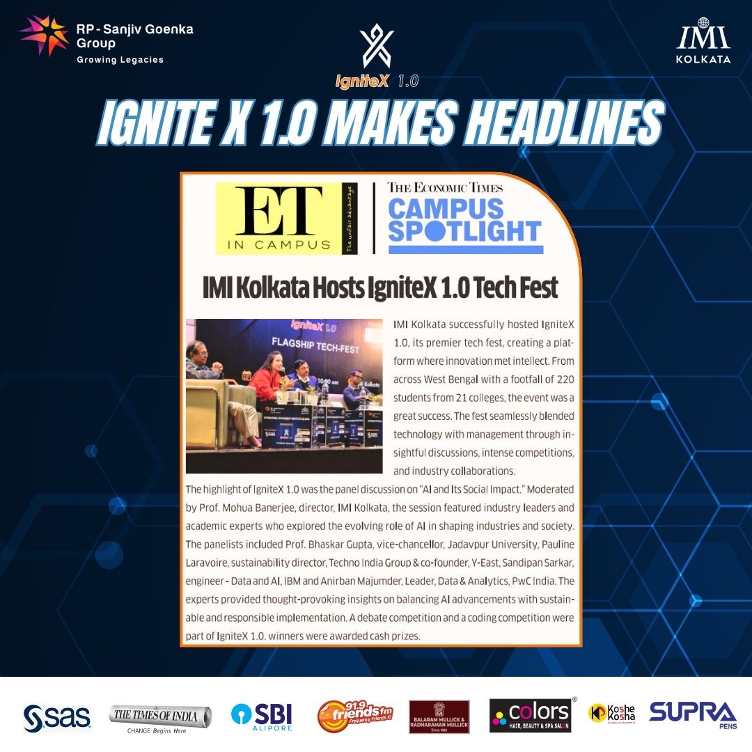 IMIKOnline's tweet photo. From IMI Kolkata’s campus to the pages of The Economic Times – IgniteX 1.0 is creating waves!
This milestone tech fest, where innovation met intellect, has been recognized for its impact, energy, and excellence.
#IgniteX #IMIKolkata #MakingHeadlines #TechFest #Innovation https://t.co/sUmasb5fM5